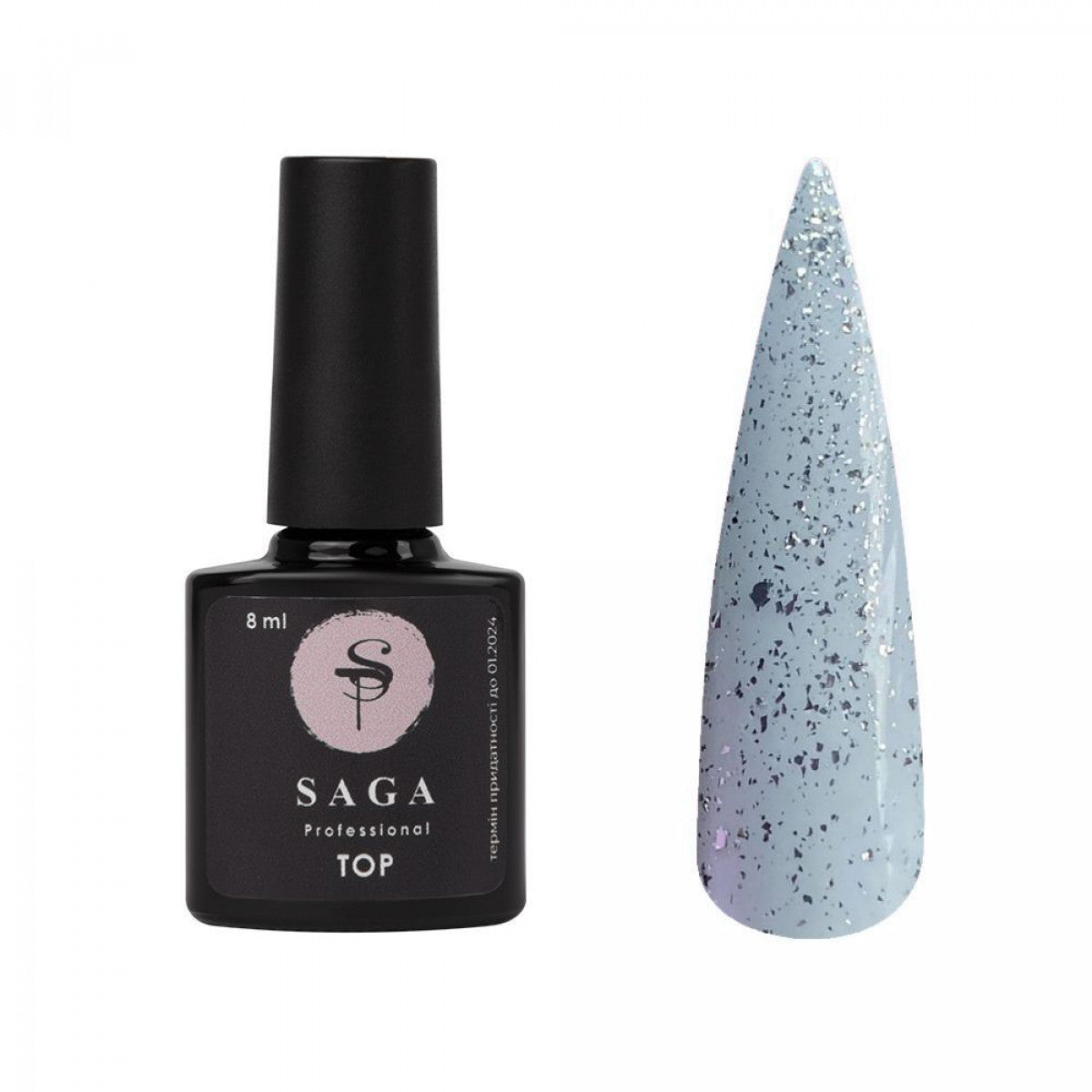 Топ для гель-лака Saga Professional Leaf Silver серебристые хлопья без липкого слоя, 8 мл