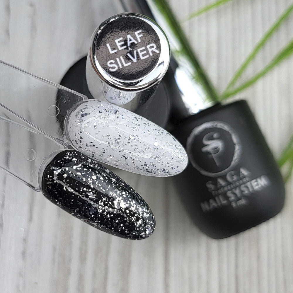 Топ для гель-лака Saga Professional Leaf Silver серебристые хлопья без липкого слоя, 8 мл