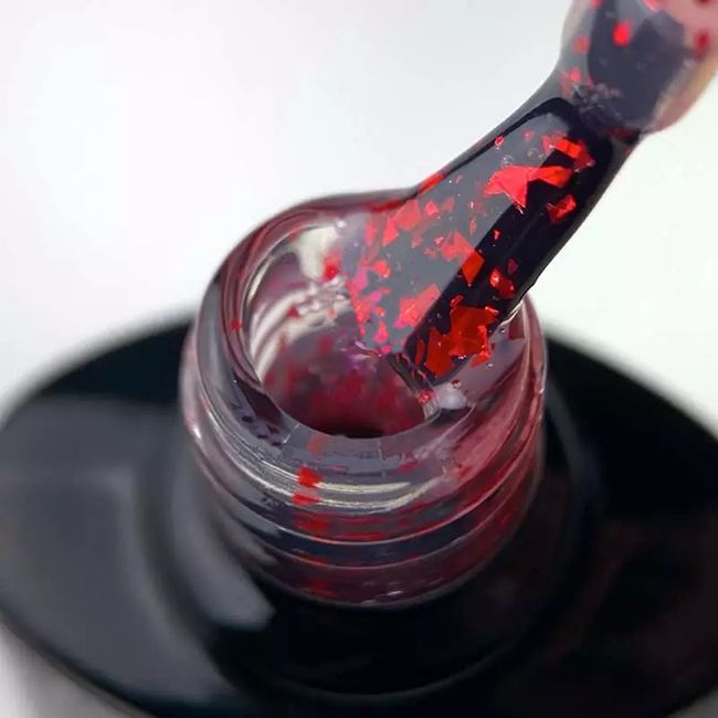Топ для гель-лака Saga Professional Leaf Red красные хлопья без липкого слоя, 8 мл