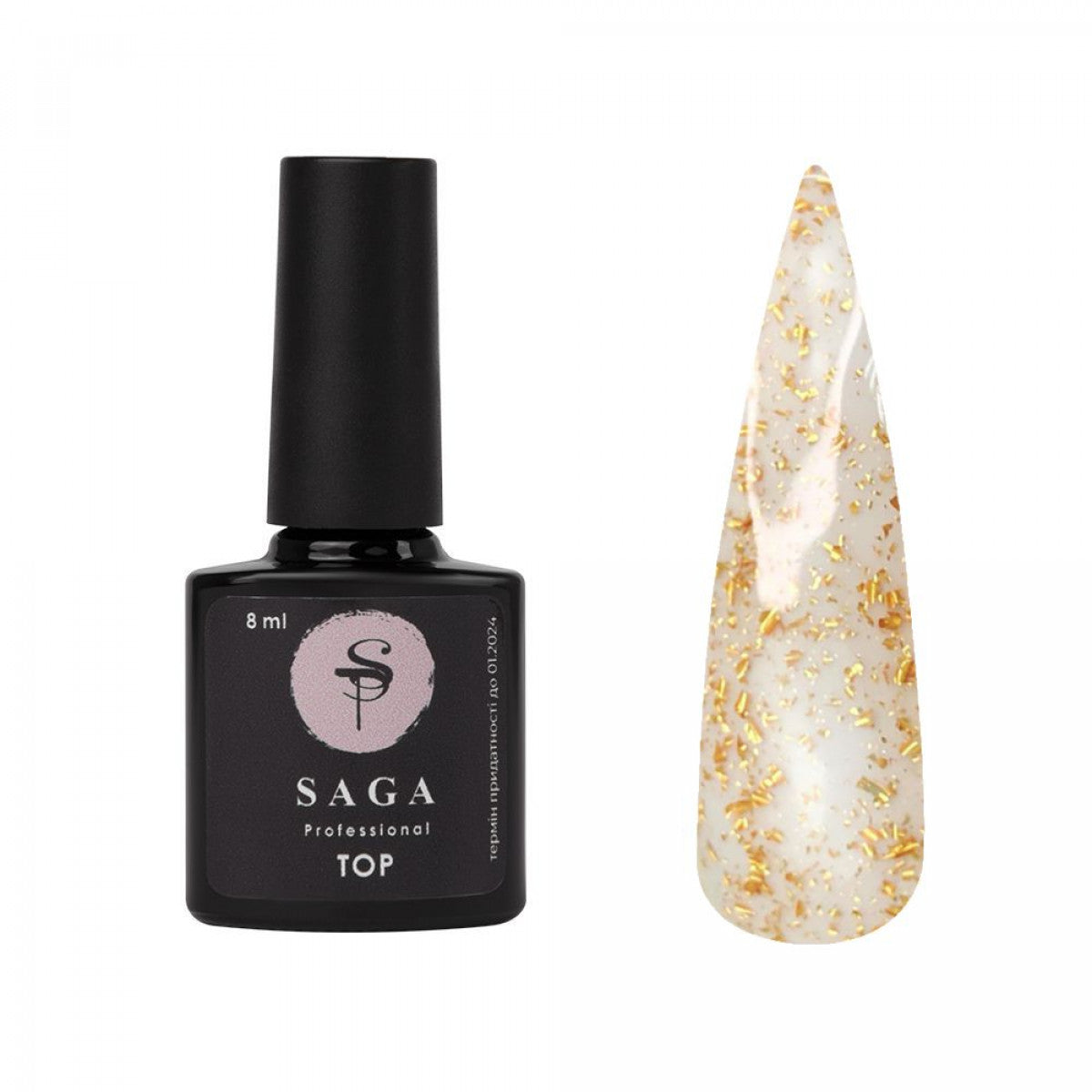 Топ для гель-лака Saga Professional Leaf Gold золотистые хлопья без липкого слоя, 8 мл