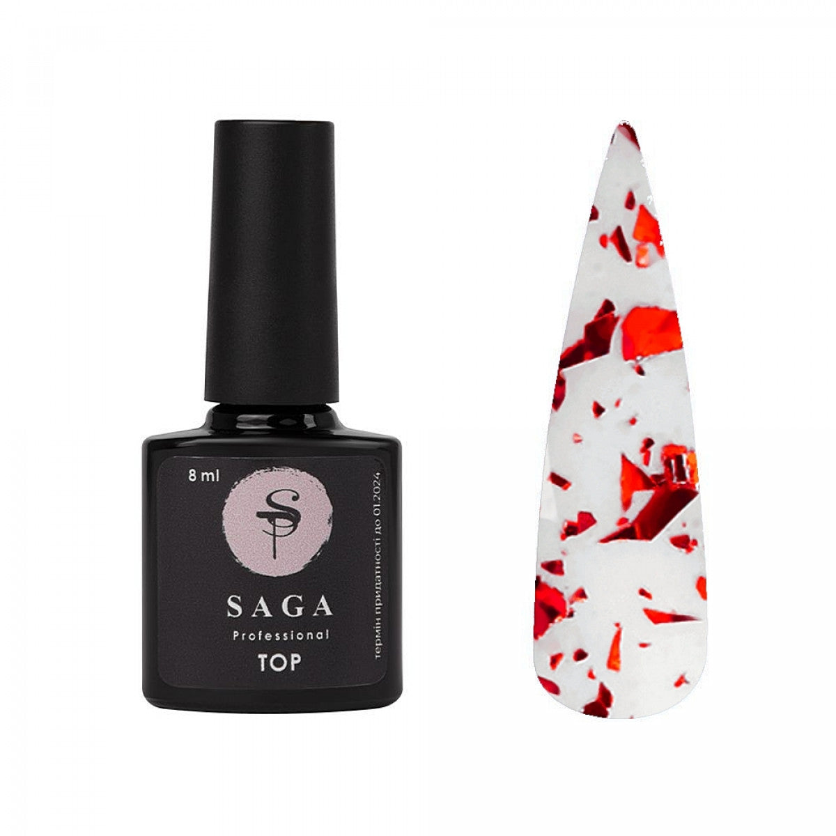 Топ для гель-лака Saga Professional Leaf Red красные хлопья без липкого слоя, 8 мл