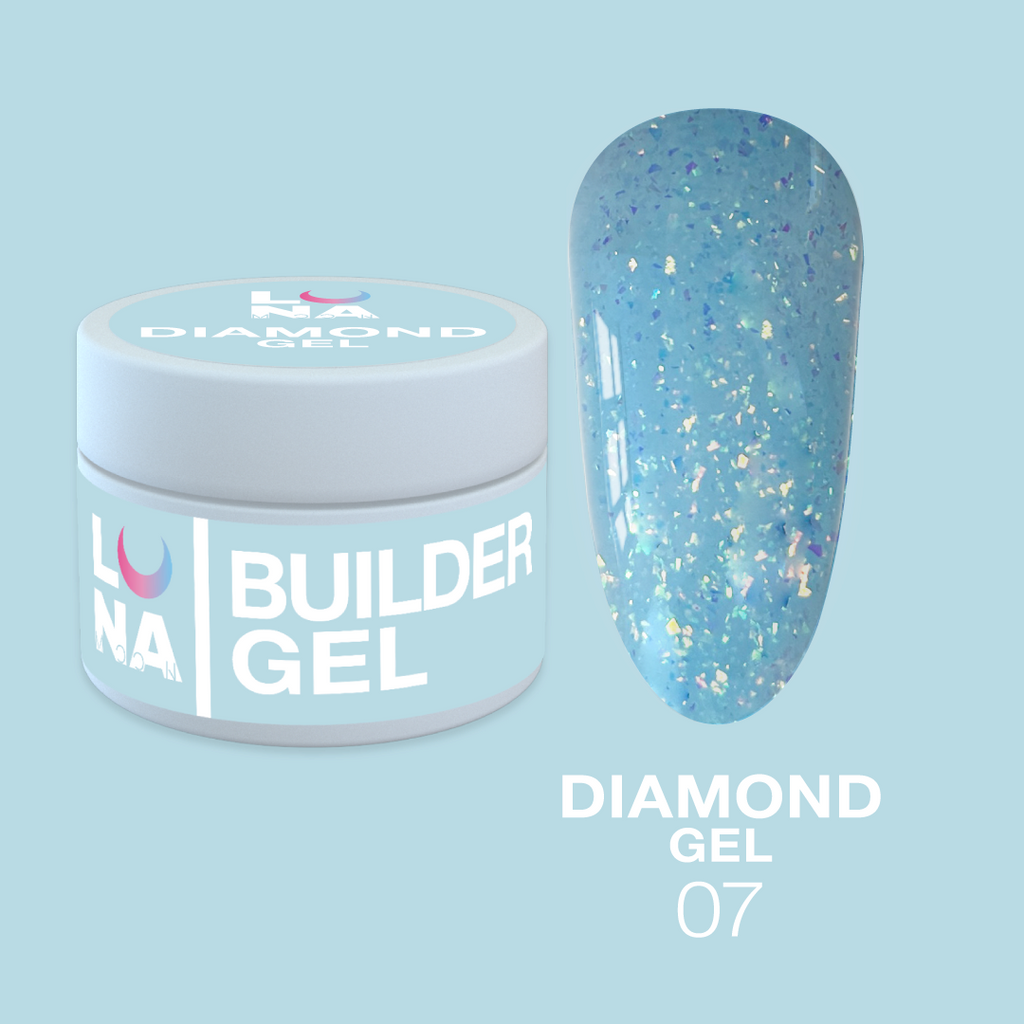 Гель для наращивания синий с блестками LunaMoon Diamond Gel No. 7, 15 мл (гель для ногтей)