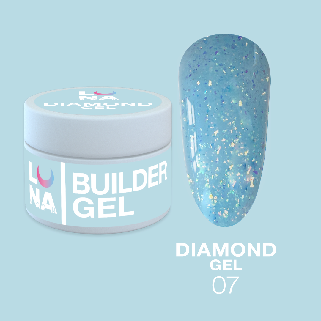 Гель для наращивания синий с блестками LunaMoon Diamond Gel No. 7, 15 мл (гель для ногтей)