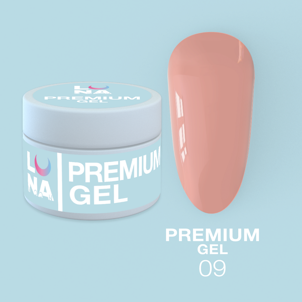 Гель для нарощування нігтів рожево-персикового кольору LunaMoon Gel Premium № 9, 15 мл