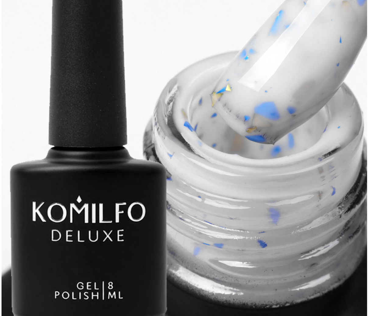 KOMILFO POTAL BASE P009 (МОЛОКО С СИНИМ И ЗОЛОТЫМ ПОТАЛЛОМ), 8 МЛ (база для ногтей)